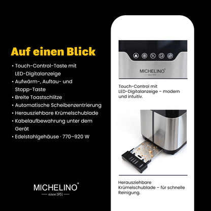 MICHELINO Toaster 2-Scheiben Edelstahl – 920W, Touch-Control, LED-Digitalanzeige, Bagelfunktion & breite Schlitze – Ansicht 4