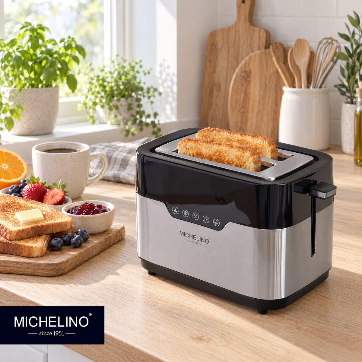 MICHELINO Toaster 2-Scheiben Edelstahl – 920W, Touch-Control, LED-Digitalanzeige, Bagelfunktion & breite Schlitze – Ansicht 5