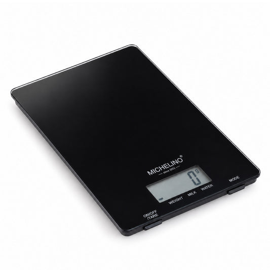 MICHELINO Küchenwaage Schwarz – 5 kg, 15×22 cm, 4 DMS-Sensoren, 1g Teilung & großes LCD