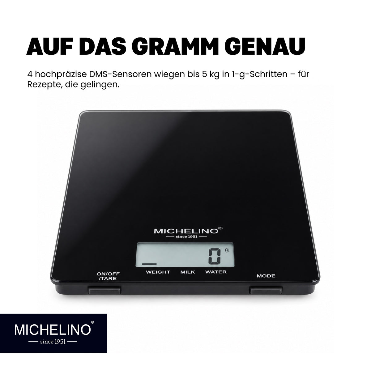 MICHELINO Küchenwaage Schwarz – 5 kg, 15×22 cm, 4 DMS-Sensoren, 1g Teilung & großes LCD – Ansicht 3