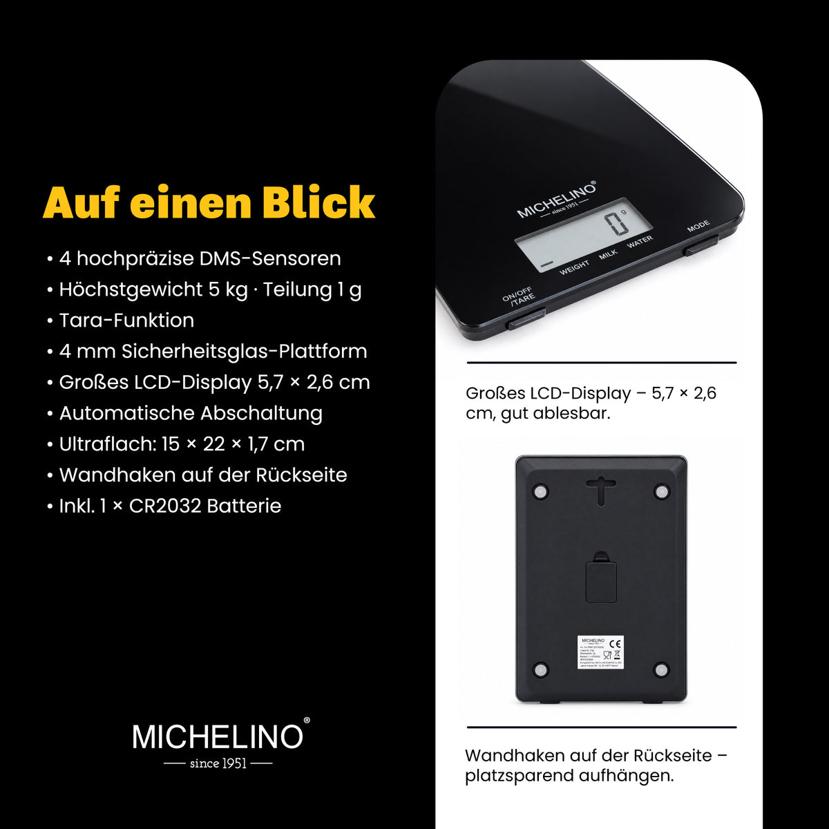 MICHELINO Küchenwaage Schwarz – 5 kg, 15×22 cm, 4 DMS-Sensoren, 1g Teilung & großes LCD – Ansicht 4