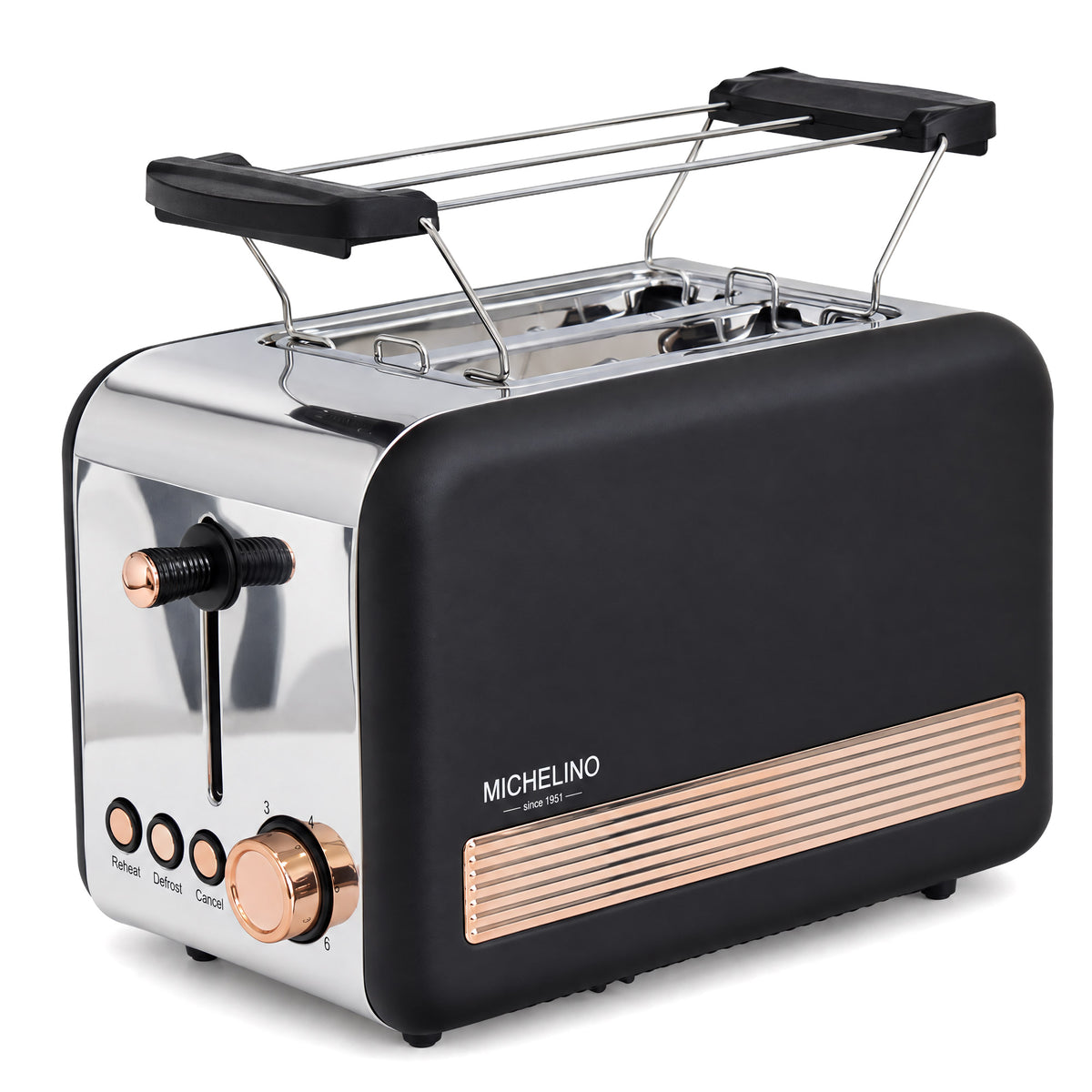 MICHELINO Toaster Retro 2-Scheiben Schwarz-Gold – 850W, Edelstahl Deluxe, 6 Bräunungsstufen & Cool-Touch