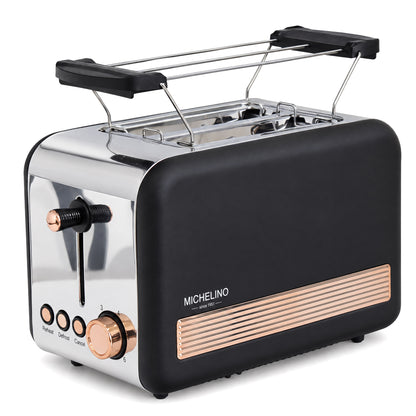 MICHELINO Toaster Retro 2-Scheiben Schwarz-Gold – 850W, Edelstahl Deluxe, 6 Bräunungsstufen & Cool-Touch