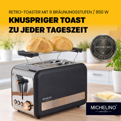 MICHELINO Toaster Retro 2-Scheiben Schwarz-Gold – 850W, Edelstahl Deluxe, 6 Bräunungsstufen & Cool-Touch – Ansicht 2