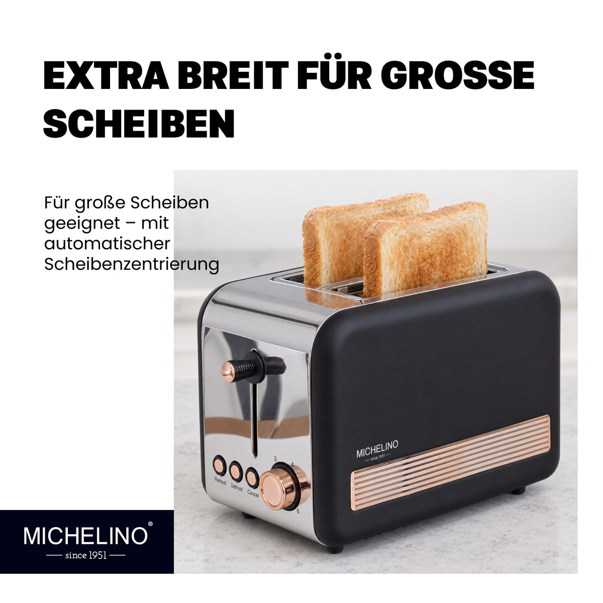 MICHELINO Toaster Retro 2-Scheiben Schwarz-Gold – 850W, Edelstahl Deluxe, 6 Bräunungsstufen & Cool-Touch – Ansicht 3