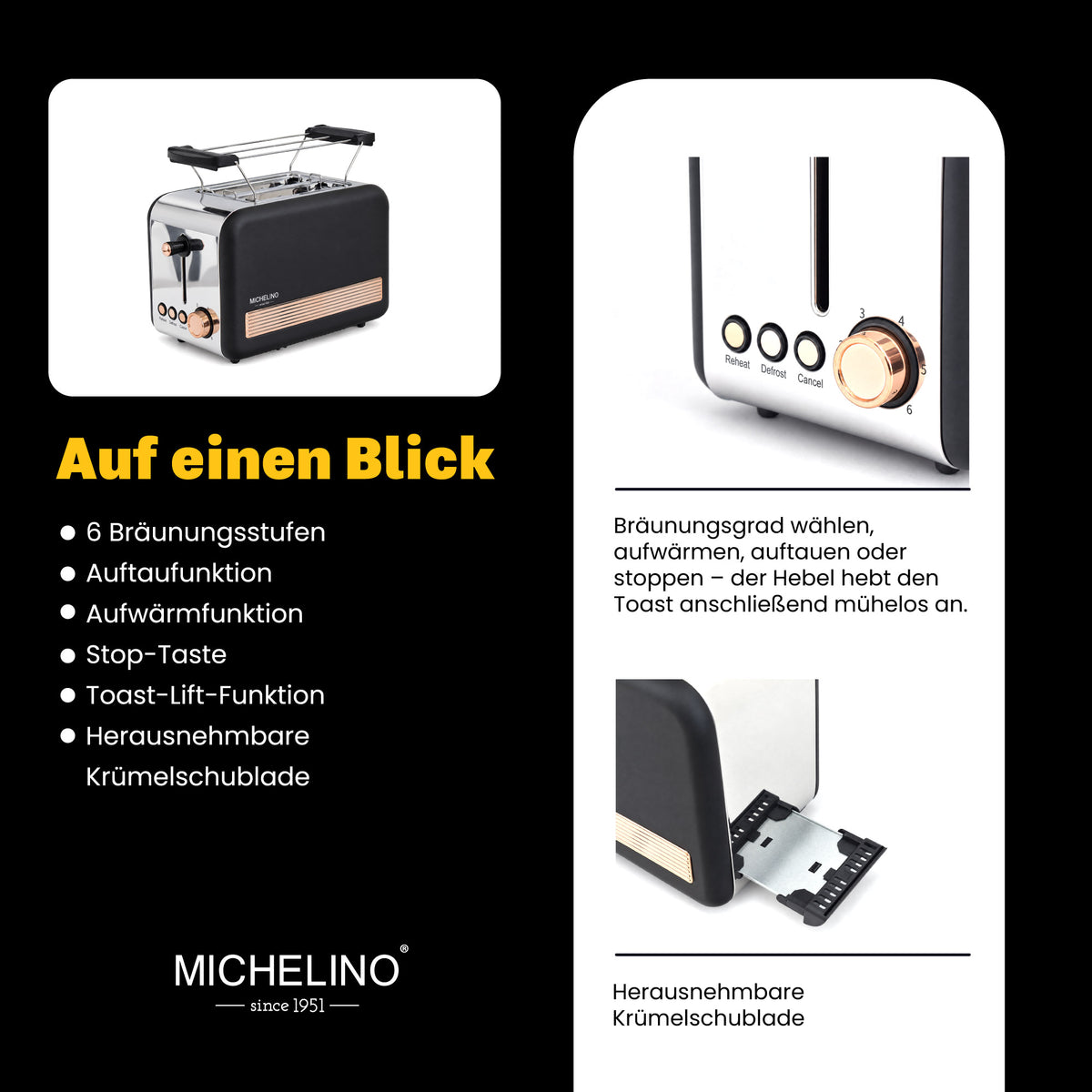 MICHELINO Toaster Retro 2-Scheiben Schwarz-Gold – 850W, Edelstahl Deluxe, 6 Bräunungsstufen & Cool-Touch – Ansicht 4
