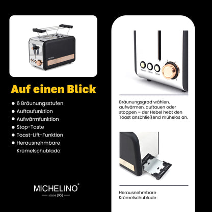 MICHELINO Toaster Retro 2-Scheiben Schwarz-Gold – 850W, Edelstahl Deluxe, 6 Bräunungsstufen & Cool-Touch – Ansicht 4