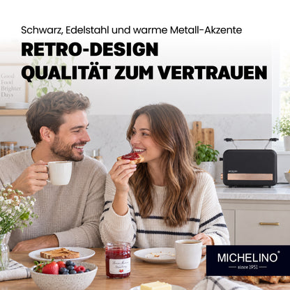 MICHELINO Toaster Retro 2-Scheiben Schwarz-Gold – 850W, Edelstahl Deluxe, 6 Bräunungsstufen & Cool-Touch – Ansicht 5