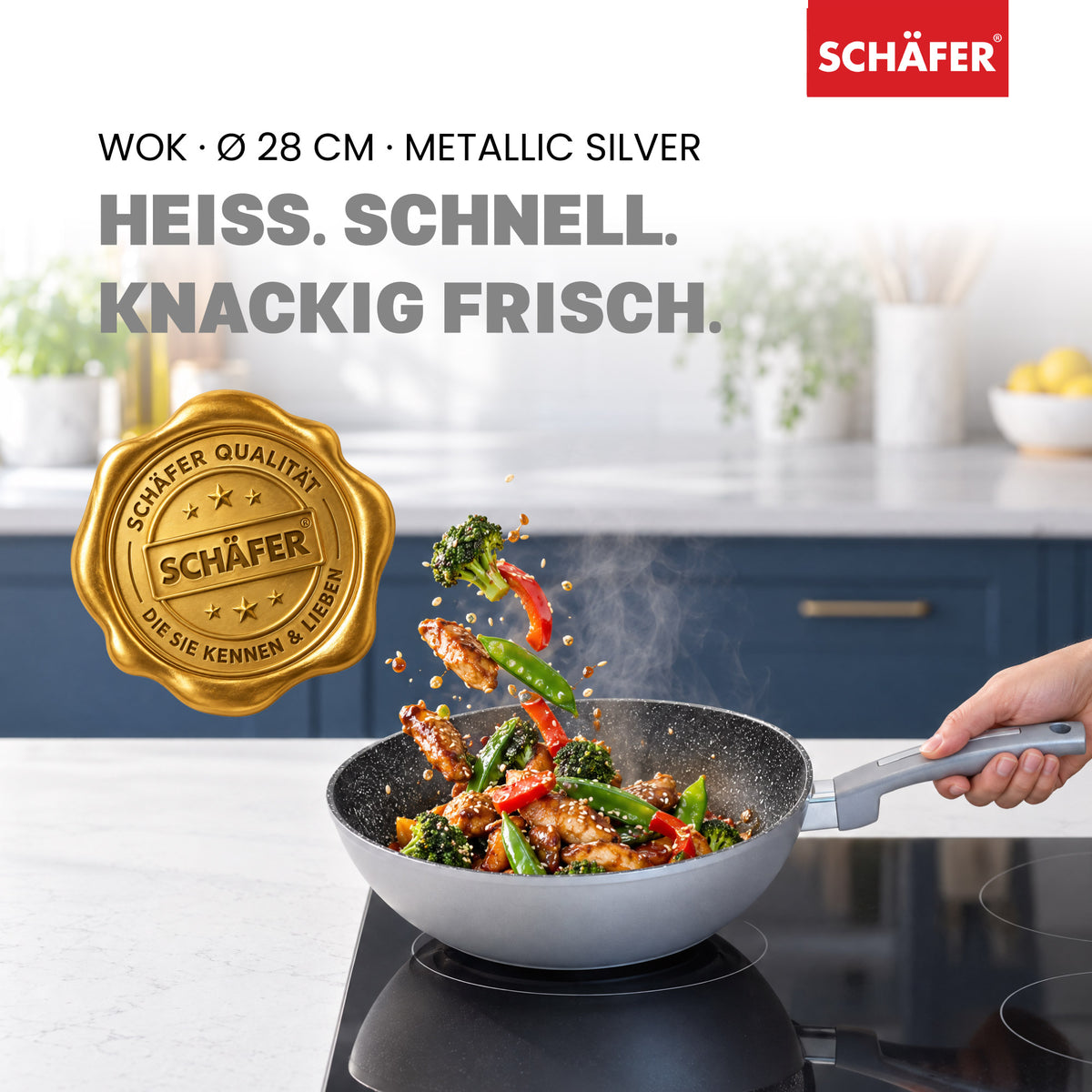 SCHÄFER Wok Ø 28 cm Metallic Silver – Antihaftbeschichtung, induktionsgeeignet – Ansicht 2