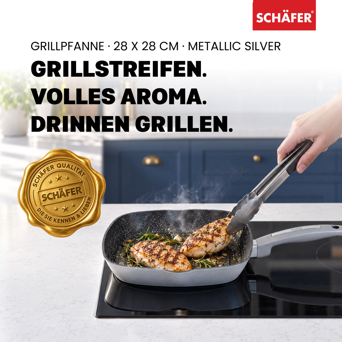 SCHÄFER Grillpfanne 28 × 28 cm Metallic Silver – Antihaftbeschichtung, induktionsgeeignet – Ansicht 2