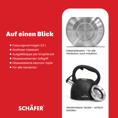 SCHÄFER Edelstahl Flötenkessel 2,5 l Black mit Softgriff – Ansicht 4