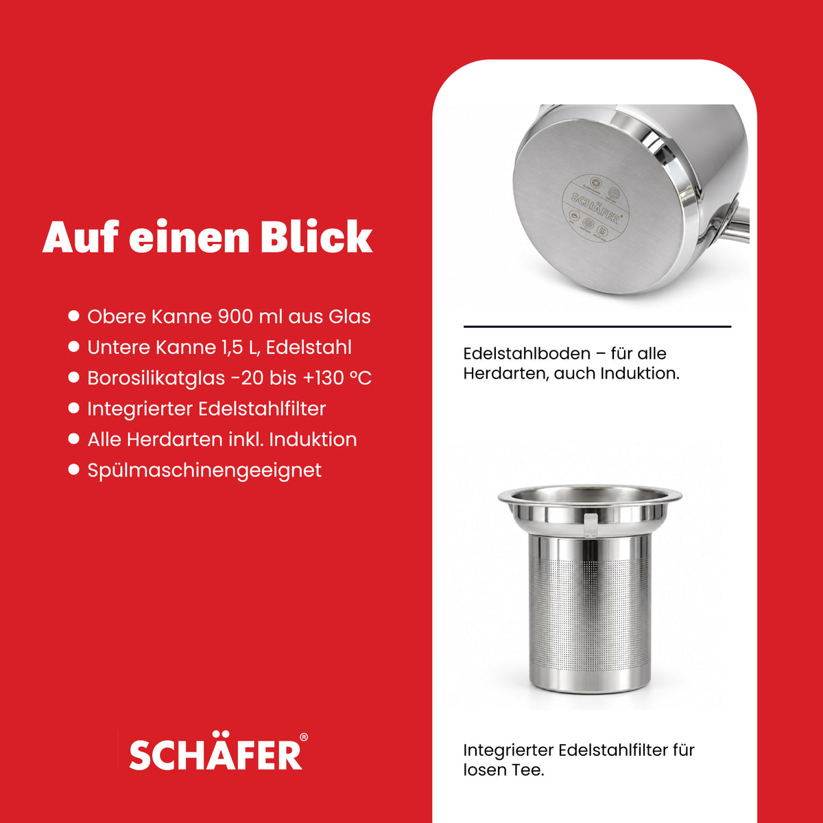 SCHÄFER Borosilikatglas Teekanne 900 ml Serie Nisa – spülmaschinengeeignet – Ansicht 4