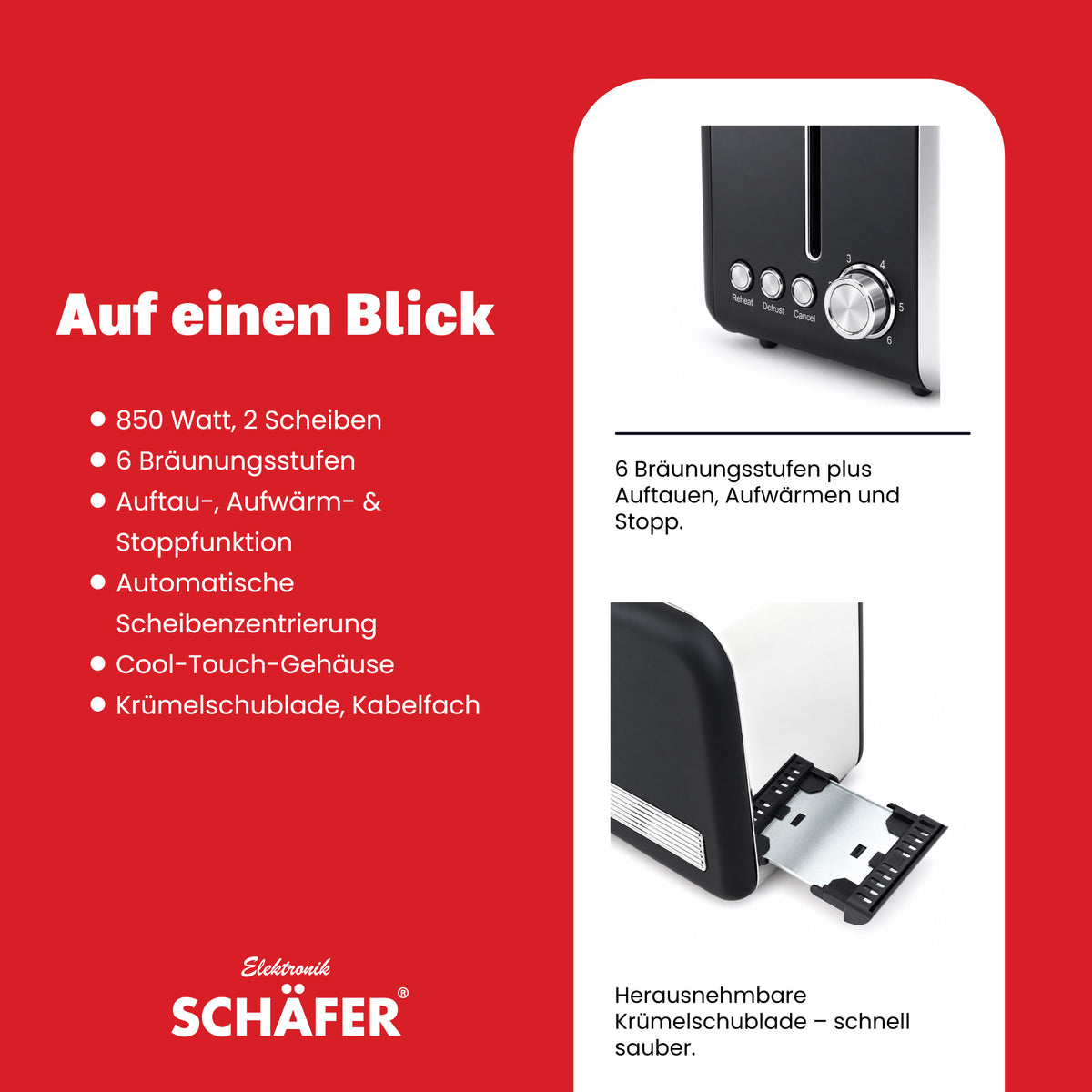 SCHÄFER Edelstahl Toaster 2 Scheiben Cool-Touch Schwarz/Silber 850 Watt – Ansicht 4