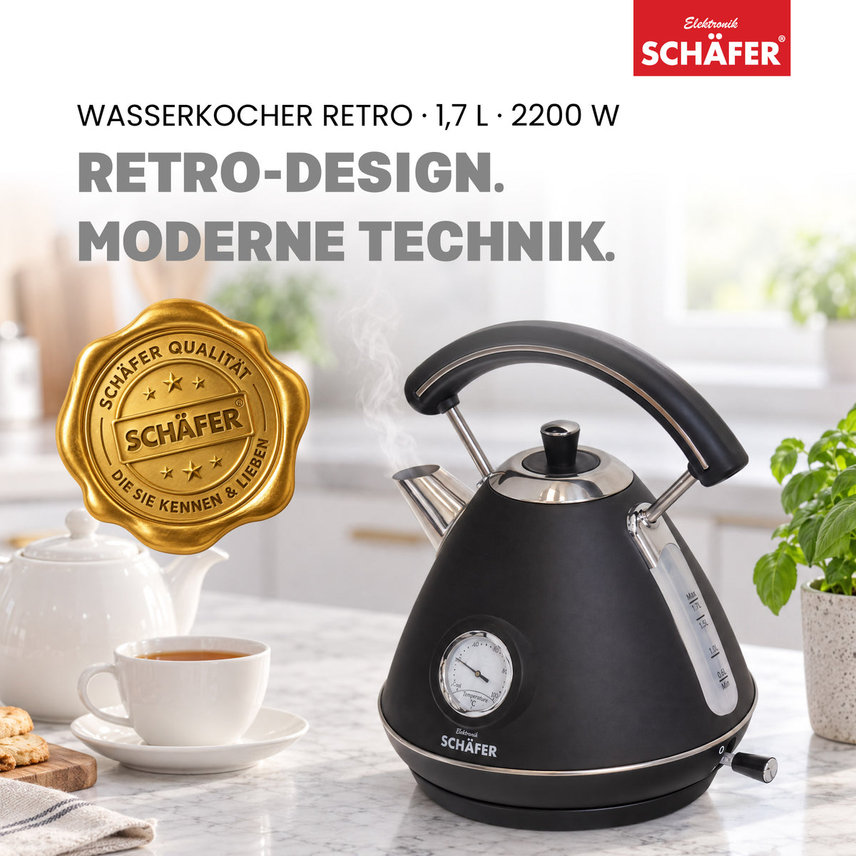 SCHÄFER Edelstahl Wasserkocher 1,7 l Schwarz/Silber mit Temperaturanzeige 2200 Watt – Ansicht 2