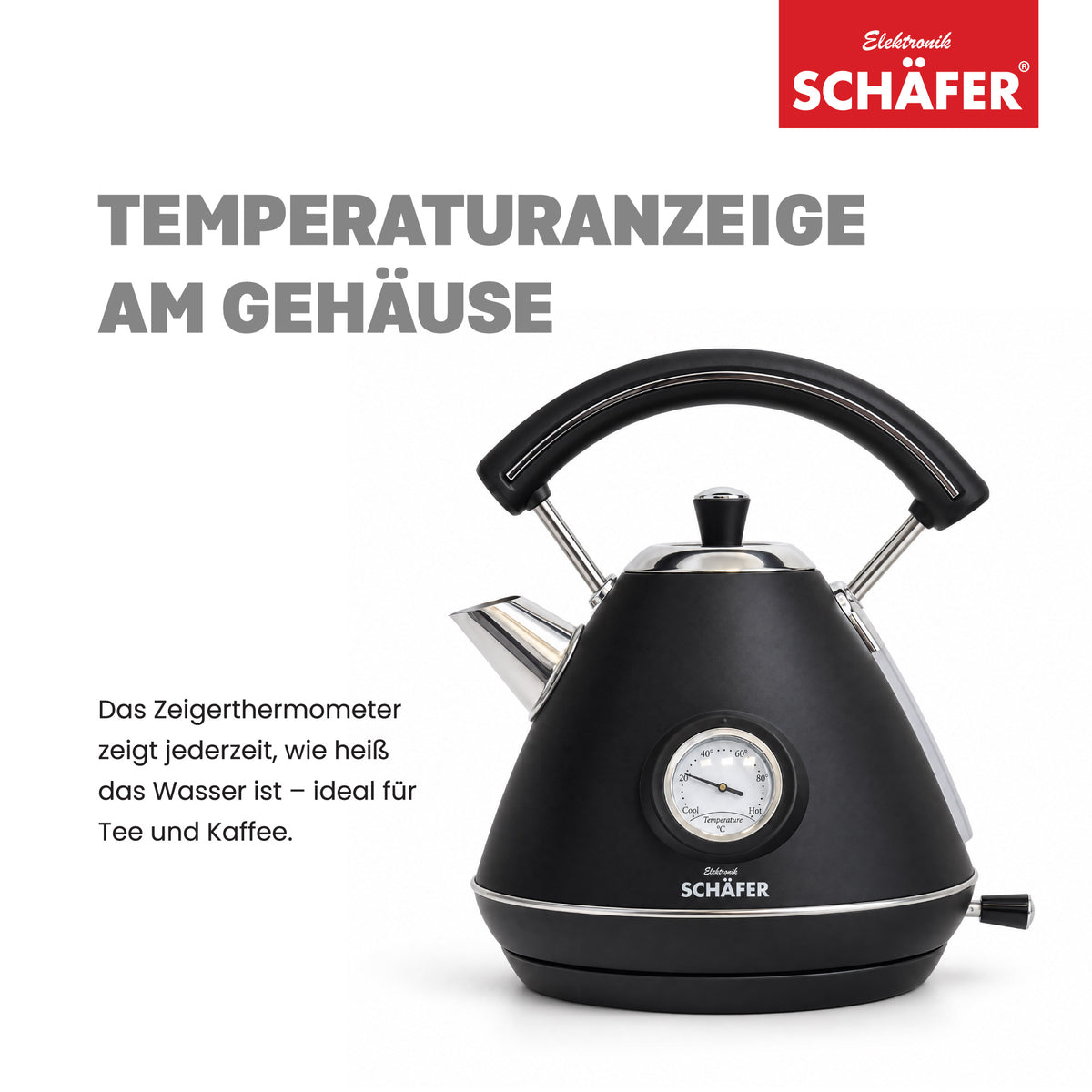 SCHÄFER Edelstahl Wasserkocher 1,7 l Schwarz/Silber mit Temperaturanzeige 2200 Watt – Ansicht 3