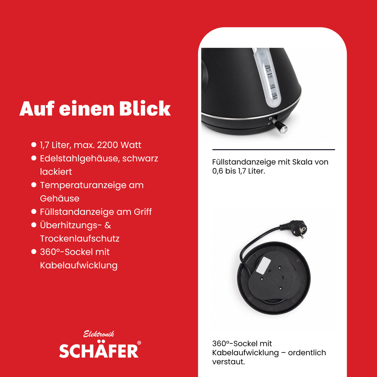 SCHÄFER Edelstahl Wasserkocher 1,7 l Schwarz/Silber mit Temperaturanzeige 2200 Watt – Ansicht 4