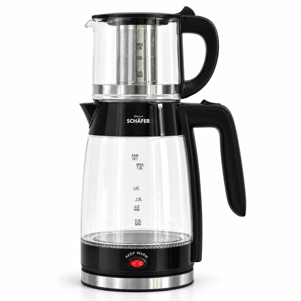 SCHÄFER Borosilikatglas Teekocher 1,8 l Schwarz Teekanne 0,8 l