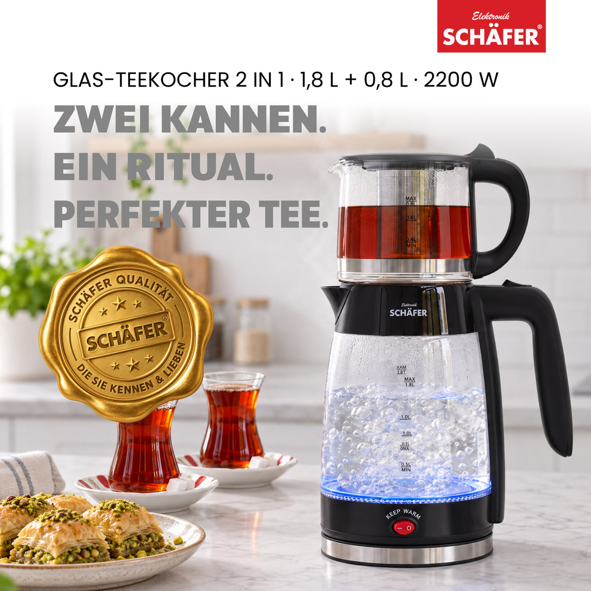 SCHÄFER Borosilikatglas Teekocher 1,8 l Schwarz Teekanne 0,8 l – Ansicht 2