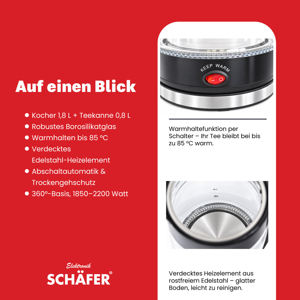 SCHÄFER Borosilikatglas Teekocher 1,8 l Schwarz Teekanne 0,8 l – Ansicht 4