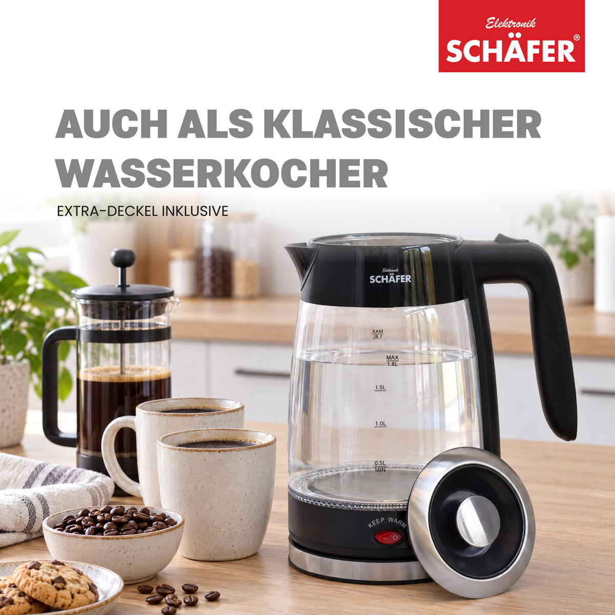 SCHÄFER Borosilikatglas Teekocher 1,8 l Schwarz Teekanne 0,8 l – Ansicht 8