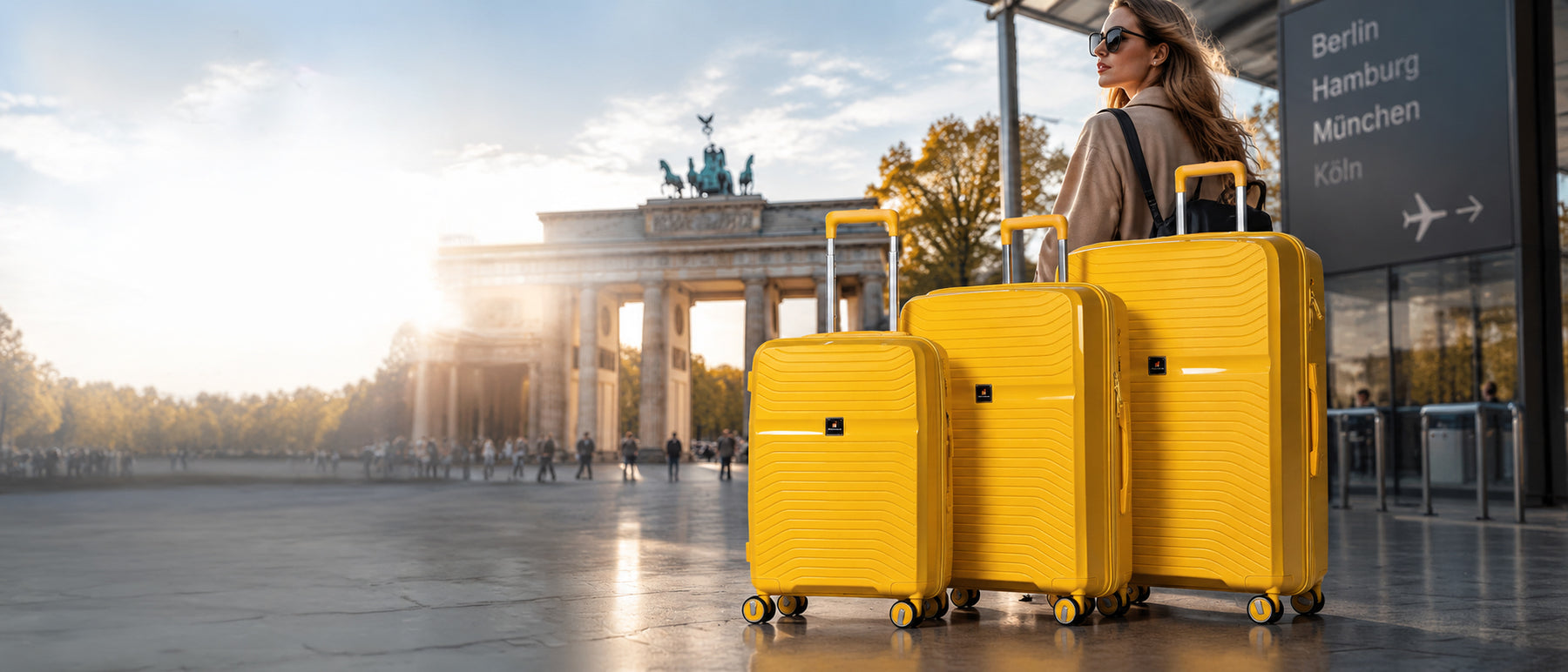 HOFFMANNS Kofferset in Gelb vor dem Brandenburger Tor